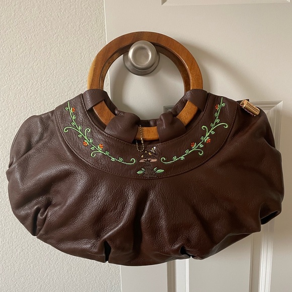 BaBee D Leather Whimsical Mushroom Embroidered Hand Bag Hobo with Wood Handles - Picture 1 of 8